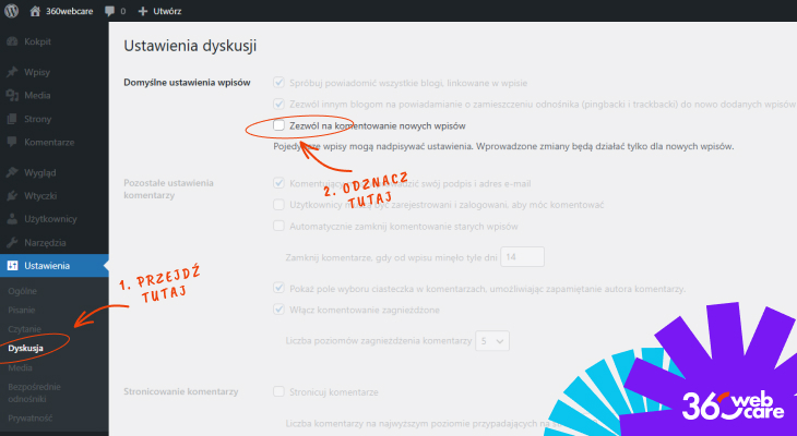 Dashboard WordPress - globalne wyłączenie komentarzy 