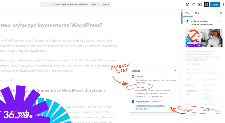 Wyłączenie komentarzy dla nowego wpisu