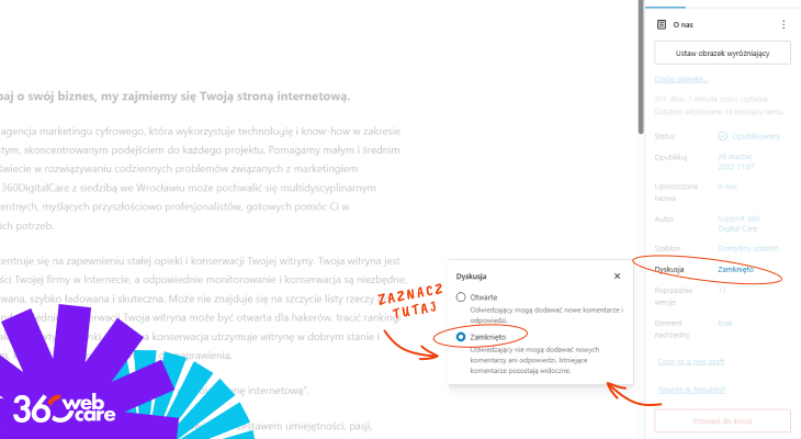 Wyłączenie komentoawania dla pojedynczej strony. 